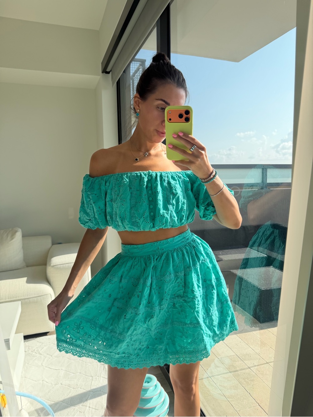 Women’s Off-Shoulder Eyelet Crop Top & Skirt Set in Teal